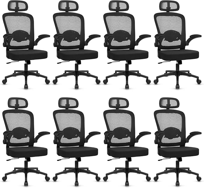 KLASIKA Desk Chairs with Wheels, Ergonomic Mesh Back Home Office Chair with Headrest, Adjustable Lumbar Support Swivel Rolling Computer Chairs with Flip Up Arms for Conference Meeting Room, Black, 8PK