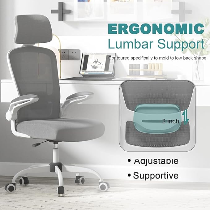 Mimoglad Office Chair, High Back Ergonomic Desk Chair with Adjustable Lumbar Support and Headrest, with flip-up Armrests for Guitar Playing, 5 Years Warranty (Moon Grey)