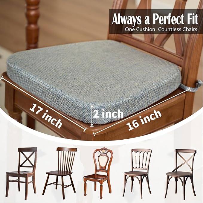2'' Thick High-Density Foam Indoor Chair Cushions | Dining Chair Pads with Ties, Removable Washable Cover, Kitchen Chair Cushions 17"x16", Silver Blue 6 Pack