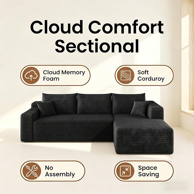 94" Boneless Couches with Right Facing Chaise for Living Room,Corduroy Sectional Couch,L-Shape Cloud Couches Compressed Memory Foam Cloud Sofa,No Assembly Required,Black