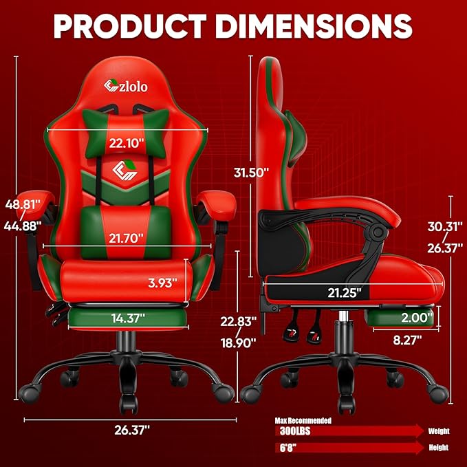 Czlolo Gaming Chair, Lumbar Support Massage Computer Chair, High Back Gamer Chair, with Footrest and Headrest, Lumbar Pillow, Recline, Wide Seat, Gaming Chairs for Christmas/Birthday Gifts, Red