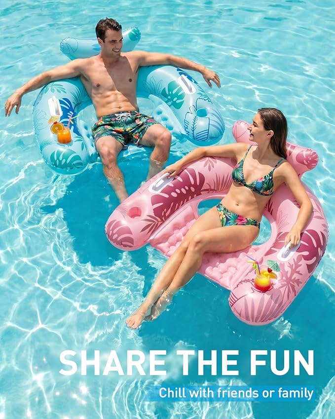 HLDIRECT Inflatable Pool Floats Adult, Floating Pool Chair with Cup Holders for Swimming Pool, Water Chair Pool Lounger with Handles & Ergonomic Headrest for Party Summer Water Fun
