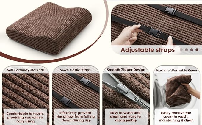 B Shape Corduroy Recliner Foot Pillow, Foam Extra Large Foot Rest Cushion with Adjustable Straps, Suitable for Bed Chair Sofa Headrest Back Lumbar Leg Support Pillow (Brown)