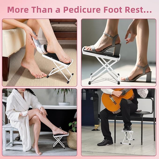 Pedicure Foot Rest, 6 Heights Adjustable Foot Stool, Upgraded Metal Foldable Non-Slip Stand for Home and Salon Use Pedicure Station, Ideal Pedi Stool for Nail Tech or Guitar Foot Stool White