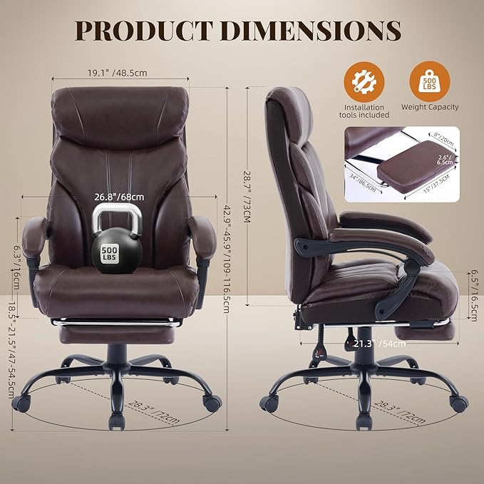 Garvee Comfortable Office Desk Chair 500 LBS, Big and Tall Office Chairs with Footrest,90-155°Recline Executive Leather Gaming Chair for Heavy People, Long Hours,Coffee