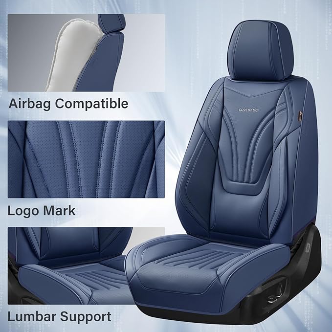 Coverado Car Seat Covers Full Set, 5 Piece Car Seat Protector with Lumbar Support & Removable Headrest, Breathable Leather Front Rear Seat Cushion Universal Fit for Truck Automotive Blue