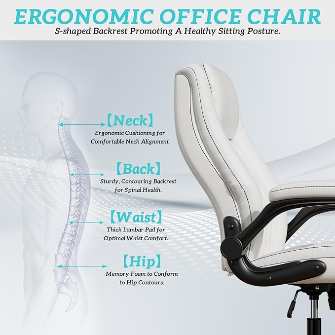 GYI Office Chair, Ergonomic Computer Desk Chair, Leather Executive Office Chair with High Back, Lumbar Support, Flip-up Arms, Wide and Thick Padded Seat, Heavy Duty Base, Rubber Wheels, White