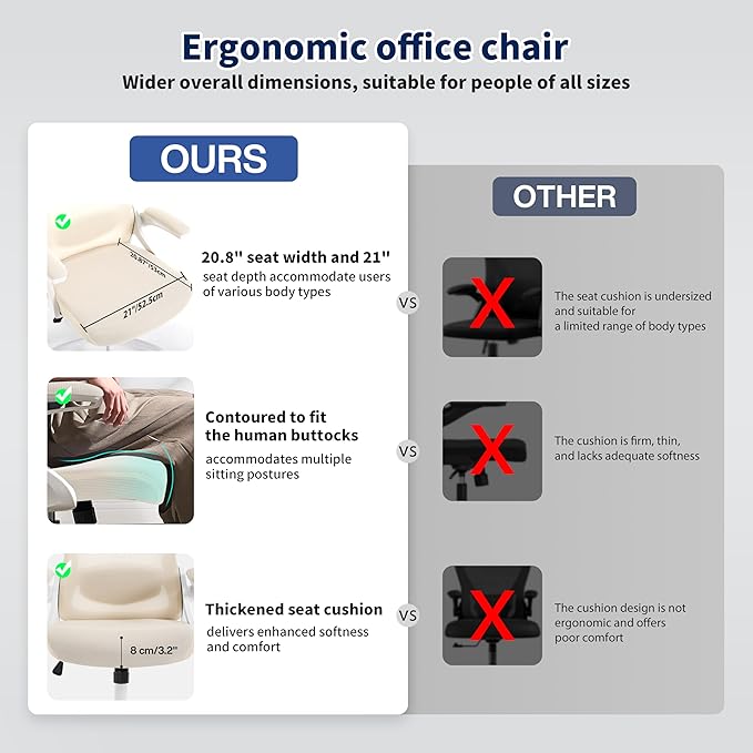 Ergonomic Office Chair, Desk Chair with Adjustable Lumbar Support, Breathable Mesh Comfy Computer Chairs with Flip-up Armrests Executive Task Chair for Adults Home Office (Buff Beige)
