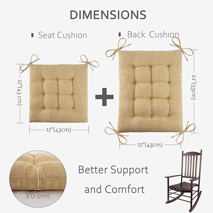ELFJOY Rocking Chair Cushion Large Rocking Chair Pads with Ties Premium Linen High Back and Seat Cushion 2 Piece Set Linen Yellow