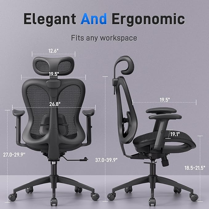 amseatec Ergonomic Office Desk Chair, Comfortable Computer Gaming Chair, Breathable Mesh Back & Seat, Adjustable Armrest & Headrest, Lumbar Support, Butterfly Design for Home Office (Black)