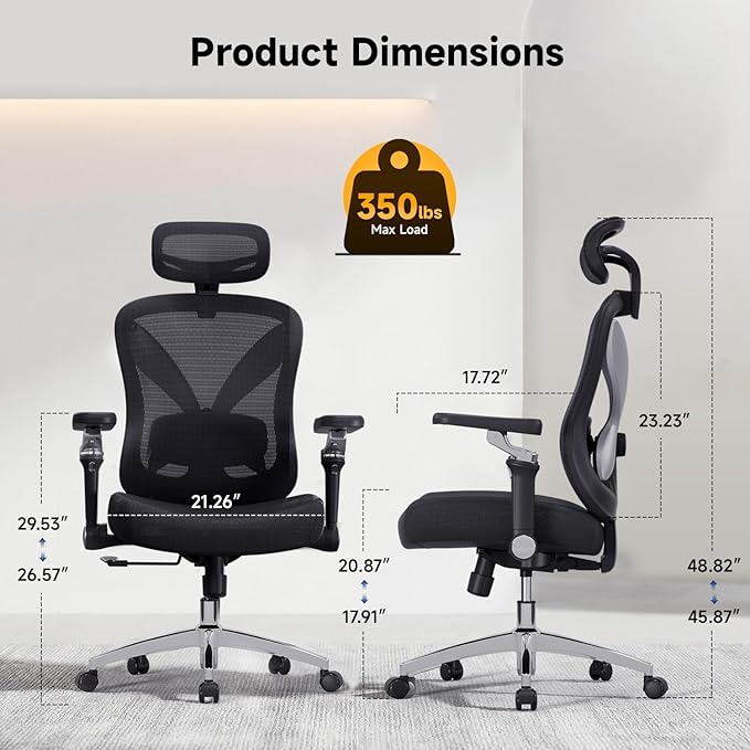 amseatec Office Chair Ergonomic Desk Chair,350 LBS Home Mesh Office Desk Chairs with 3D Adjustable Lumbar Support,5D Flip-up Arms,2D Adjustable Headrest,Comfortable Computer Gaming Chairs(Black)