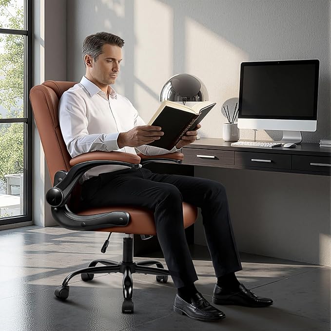 OFIKA Leather Office Desk Chair,Ergonomic Office Chair with Lumbar Support,Computer Chair,Executive Leather Chair with Padded Flip-up Arm,Adjustable Armrests, Brown,275LBS