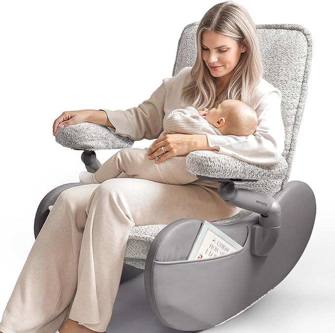 MAMAZING Lullabud Nursery Rocking Chair Glider with Adjustable Armrests for Breastfeeding, Upholstered Nursing Chair with Removable Cover (Grey/Grey)