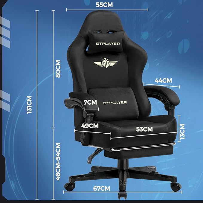 GTPLAYER Big and Tall Gaming Chair Fabric with Pocket Spring Cushion, High Back Ergonomic Computer Chair with Footrest for Adults Lumbar Support Swivel Game Chair for Office Gaming 350LBS, Black