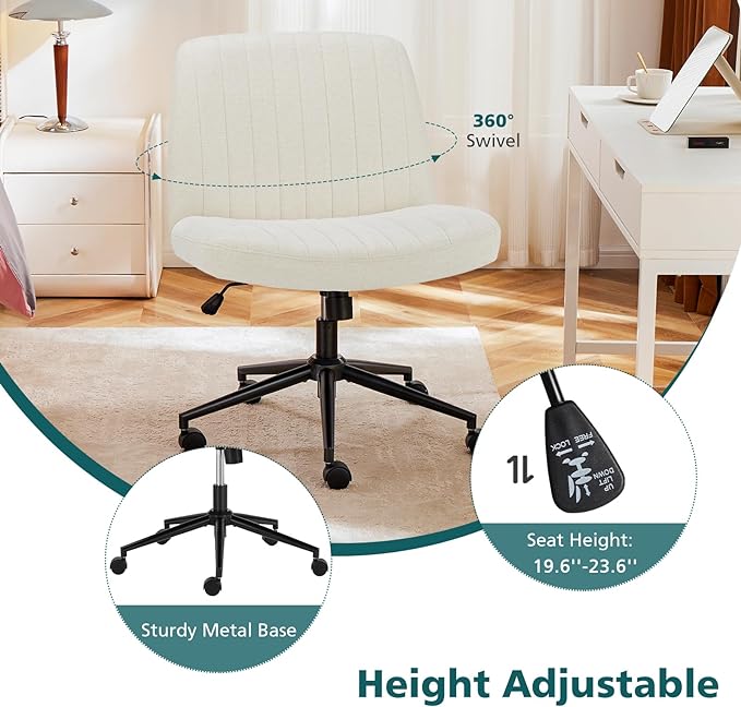 OLIXIS Criss Cross Chair with Wheels Wide Cross Legged Office Desk Vanity Chair Comfy Fabric Armless Adjustable Swivel for Home Computer Task Fabric Beige