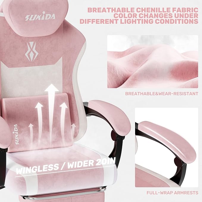 SUKIDA Fabric Video Gaming Chair, Ergonomic High-Back Computer Game Chairs with Large Massage Adjustable Lumbar Support, Headrest and Linked Armrests for Long Hours Sitting Task Chair, Pink