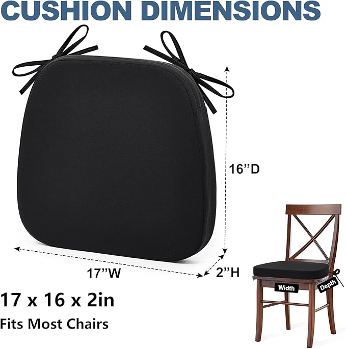 Shinnwa Chair Cushion for Dining Chair, Non-Slip Kitchen Chair Cushion with Detachable Straps and Machine Washable Cover, 17x16x2in, Black