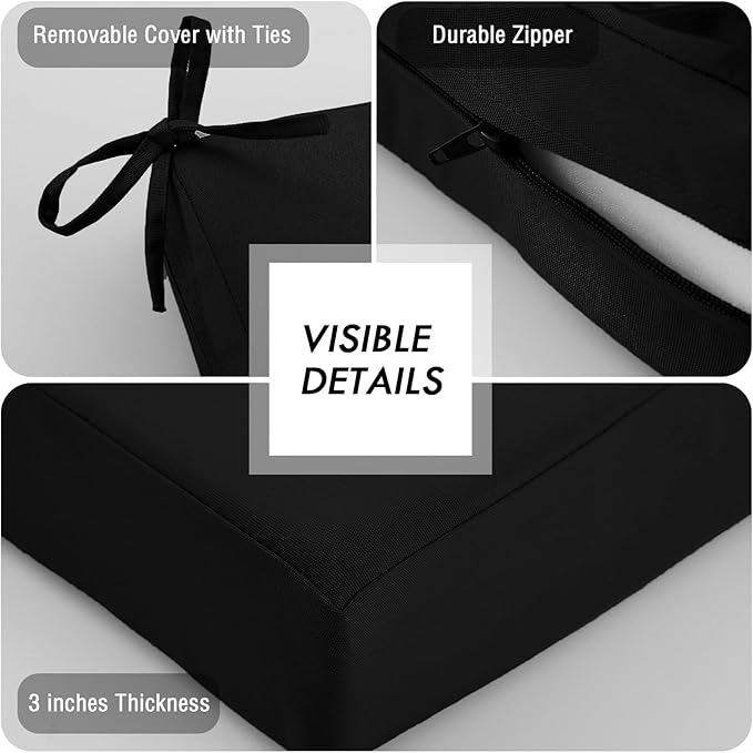 idee-home Outdoor Chair Cushions Set of 2, Waterproof Outdoor Seat Cushions for Patio Furniture, Outside Replacement Chair Pad with Ties for Lawn Deck Porch, 22 x 22 Black