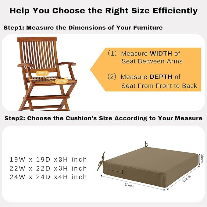 idee-home Outdoor Chair Cushions Set of 2, Waterproof Outdoor Seat Cushions for Patio Furniture, Outside Replacement Chair Pad with Ties for Lawn Deck Porch, 22 x 22