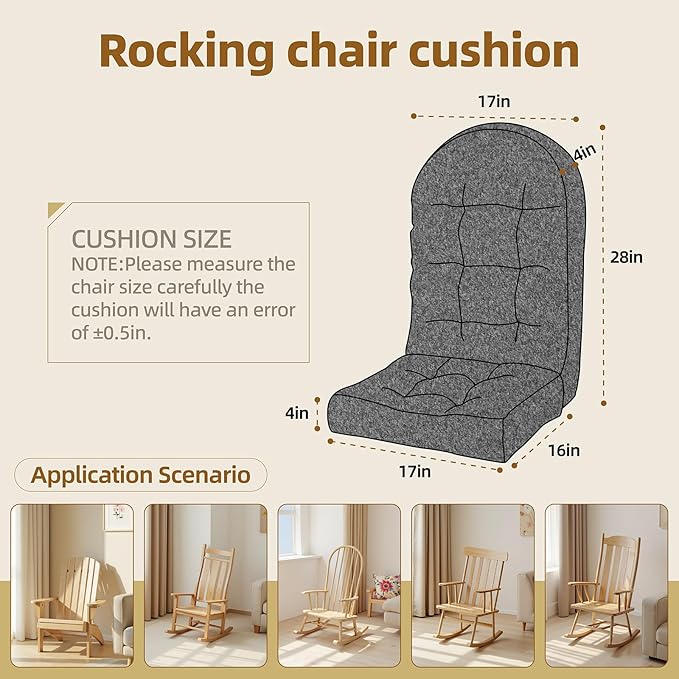Rocking Chair Cushion - Lola Cotton-Linen Fabric, High-Density Sponge, Durable Comfort Non-Slip Bottom Tufted Seat Pads with Ties, Lola︱Slate Gray, 44x19x4 inch