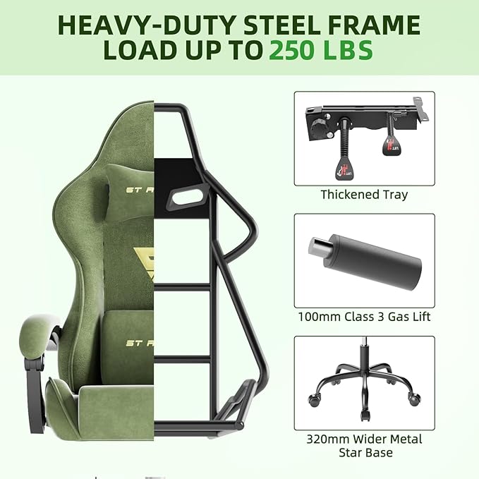 Ferghana Velvet Fabric Ergonomic Gaming Chair with Footrest and Massage, High Back Reclining Computer Gamer Chair for Adult, Racing Style PC Video Game Chair Suitable for Home Office (Green)