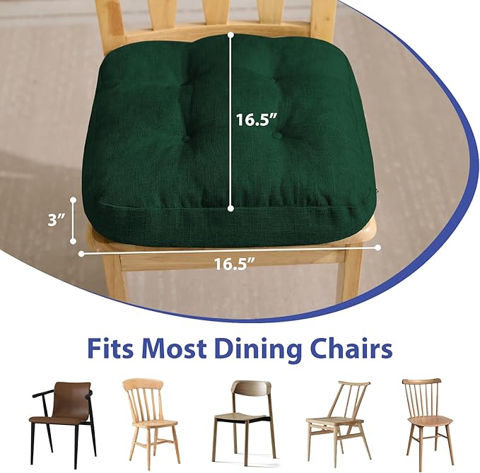 IASEAHK Chair Cushions for Dining Chairs, Dining Chair Cushions, Tufted Indoor Chair Pads with Ties & Non Slip Backing, Seat Cushions for Kitchen Chairs 16.5” x 16.5” x 3.5”, Set of 6, Green