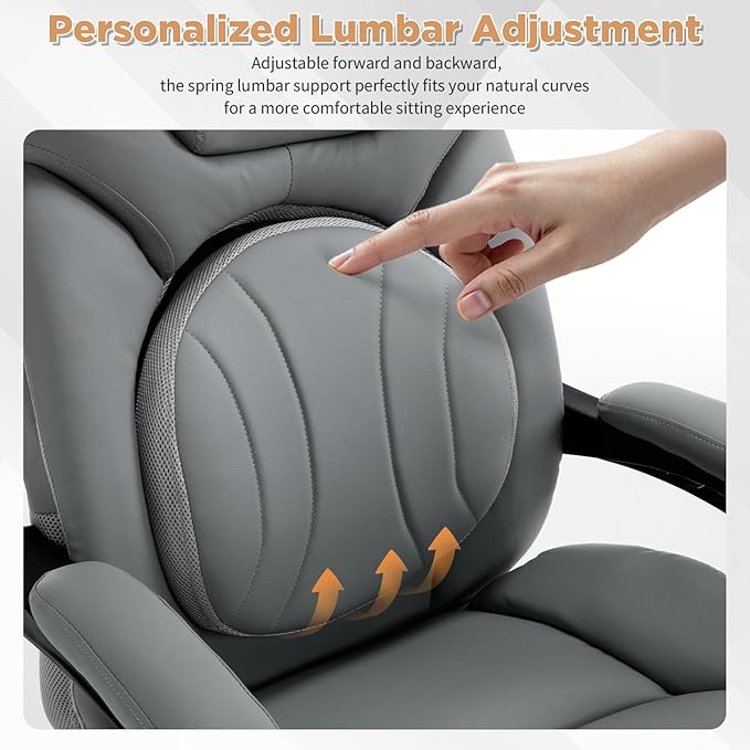 Ergonomic Fully Reclining Office Chairs with Back Support Footrest, PU Leather Wide Seat Comfortable Recliner Office Desk Chair with Leg Rest, Grey