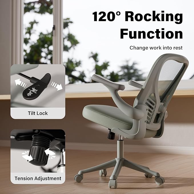 GYI Ergonomic Office Chair, Mesh Desk Chair with Adjustable Lumbar Support and 3D Flip-up Arms, Computer Chair with Wheels, All Grey