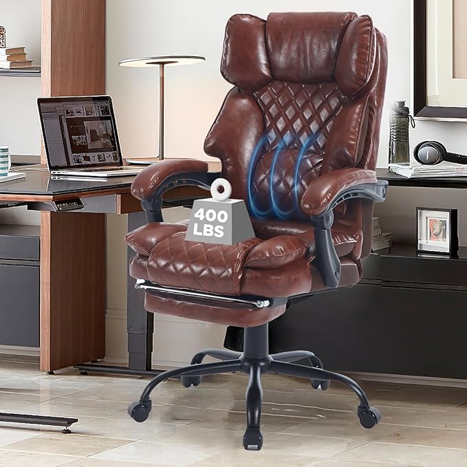 Big Tall Reclining Executive Office Chair with Footrest, 400lbs Ergonomic Recliner Desk Chairs with Lumbar Support, Heavy Duty High Back Vintage Leather Computer Chair with Wheels, Brown