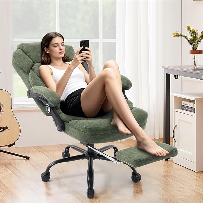 400lbs Ergonomic Reclining Office Chair with Footrest, Plus Size Big Tall Leather Recliner Office Desk Chairs with Foot Leg Rest, Green