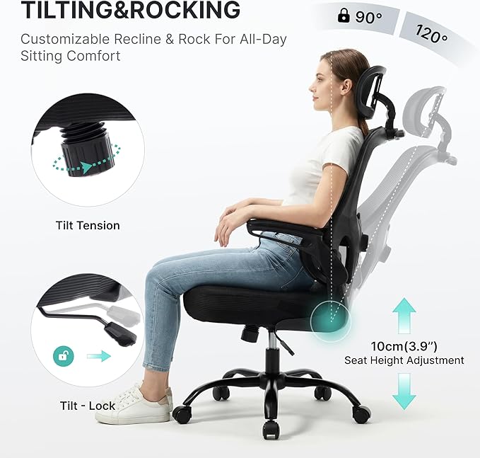 2PCS Ergonomic Office Chair Mesh Back Chairs - High Back Computer Chair with 3D Adjustable Headrest & Flip-up Arms, Set of 2 Comfort Desk Chair Lumbar Support for Home & Gaming