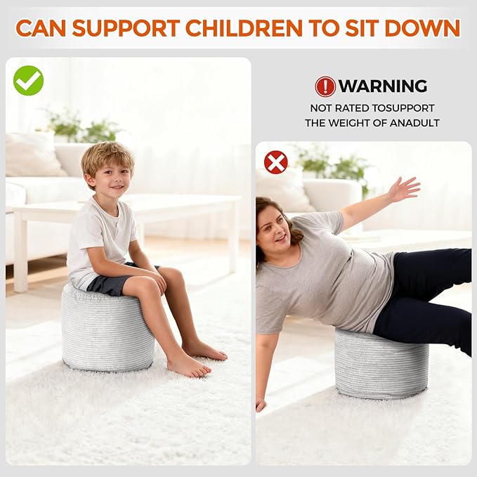 26" x 26" x 18" Pouf Ottoman Foot Rest, Pre-Stuffed Round Foot Stool with Odorless Shredded Memory Foam, Furry & Fluffy Corduroy Footrest for Living Room, Grey
