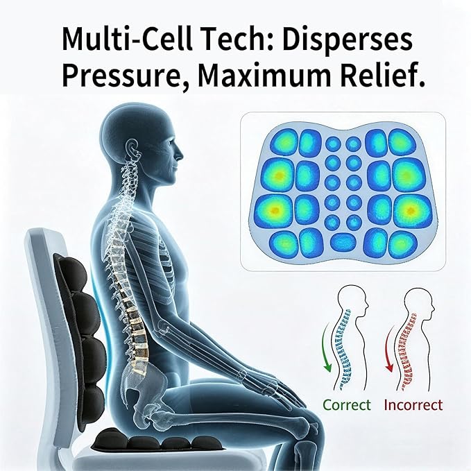 Inflatable Lumbar Support Pillow for Car & Office Chair - Tailbone Pain Relief Air Seat Cushion for Driver, Wheelchair, Airplane Seat, Travel - 17.7x14.3x2.0 Inches
