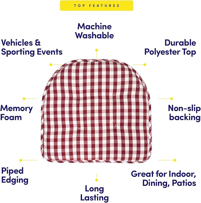 Sweet Home Collection Chair Cushion Memory Foam Pads Tufted Slip Non Skid Rubber Back U-Shaped 17" x 16" Seat Cover, 6 Pack, Checkered Wine/White