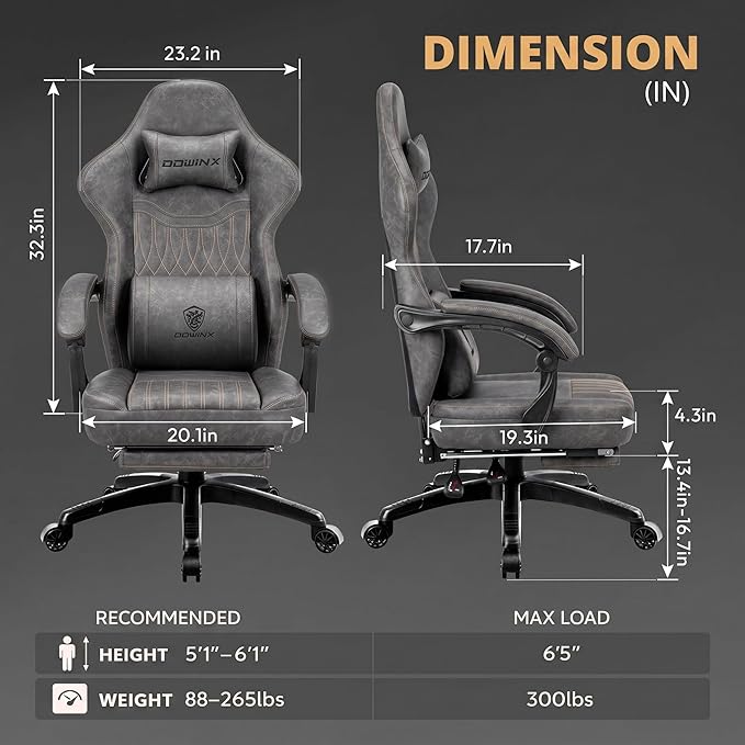 Dowinx Gaming Chair Breathable PU Leather Gamer Chair with Footrest Massage Lumbar Support, Big and Tall Ergonomic Reclining Computer Chair with Pocket Spring Cushion for Adults Teens (Grey)