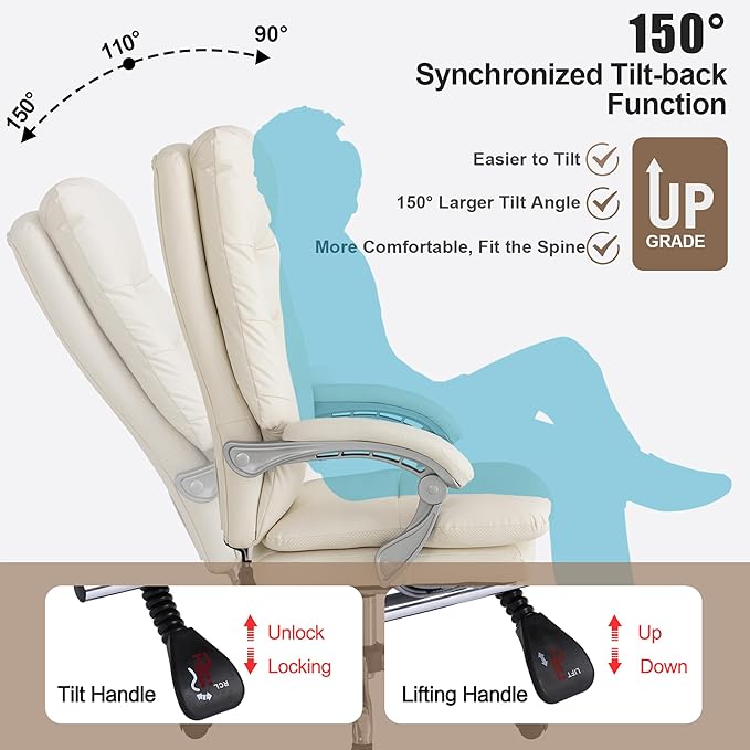 Kneading Massage Executive Office Chair with Heated,90-135° Reclining Chair with Footrest, Ergonomic Desk Chairs (Creamy White with External Massager)