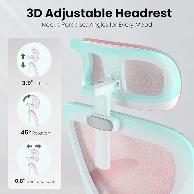 Ergonomic Mesh Office Chairs with Lumbar Support and Adjustable Headrest, High Back Comfortable Computer Desk Chair with Wheels and Armrests, Home Office Rolling Gaming Chair, Max Load 350 lbs (Pink)
