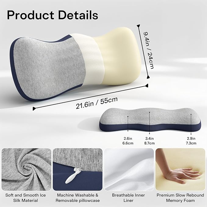 Lumbar Support Pillow for Bed, Memory Foam Pillows for Back Pain Relief, Lower Back Pain Relief Pillow for Sleeping, Adjustable Lumbar Pillow for Sleeping, Bed, Car, Couch (Grey - Navy Blue)