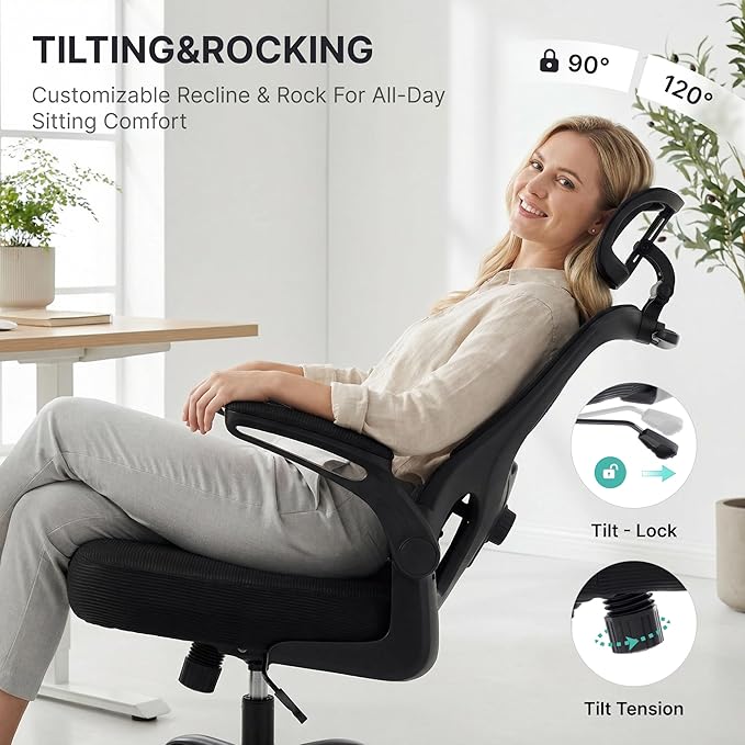 Ergonomic Office Chair, 330lbs Mesh Desk Chair with Adjustable Lumbar Support, 3D Headrest and Flip-Up Arms, Comfortable High Back Computer Chair for Home Office