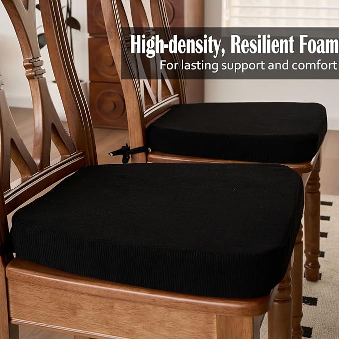 2'' Thick High-Density Foam Indoor Chair Cushions | Dining Chair Pads with Ties, Removable Washable Cover, Kitchen Chair Cushions 17"x16", Black 6 Pack