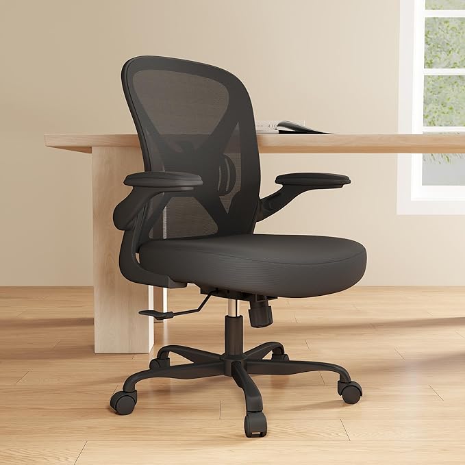Ergonomic Office Chair, Mesh Fabric Home Office Chairs with Adjustable Lumbar Support, 360° Swivel, and Flip-Up Armrests, Black