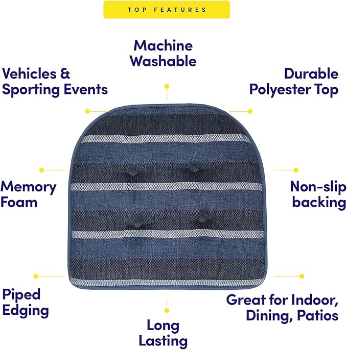 Sweet Home Collection Chair Cushion Memory Foam Pads Tufted Slip Non Skid Rubber Back U-Shaped 17" x 16" Seat Cover, 2 Count (Pack of 1), Bradford Steel Blue