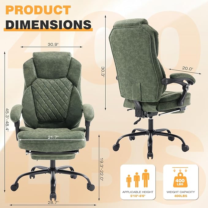 400lbs Ergonomic Reclining Office Chair with Footrest, Plus Size Big Tall Leather Recliner Office Desk Chairs with Foot Leg Rest, Green