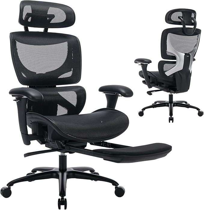 COLAMY Ergonomic Mesh Office Chair with Footrest, Executive High Back Computer Desk Chair with Wide Headrest and Adjustable 3D Arms, Backrest Height, Tilt Lock and Lumbar Support, Black