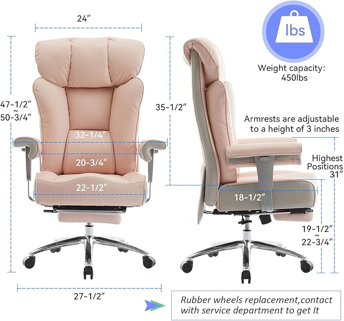 Efomao Big and Tall Office Chair for Women 400lbs - Heavy Duty Executive Desk Chair with Footrest & 23" Wide Seat - High Back Computer Chair for Heavy People, Home Office, Pink