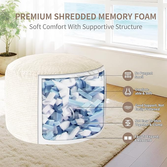 26" x 26" x 22" Large Stuffed Pouf Ottoman, Round Foot Rest with Odorless Filling, Soft & Cozy Corduroy Foot Stool for Living Room, Bedroom, Office, Room Decoration (Beige)