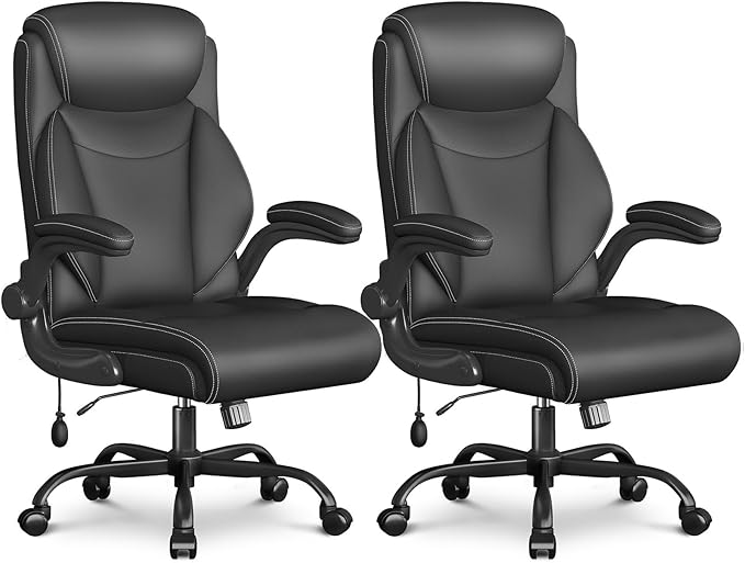 Ergonomic Office Chair, Home Desk Computer Chair, High Back Executive Chair，Padded Leather Ergonomic Computer Desk Chair with Inflatable Lumbar Support & Flip-Up Arms, Swivel Chair,Black 2 Pack