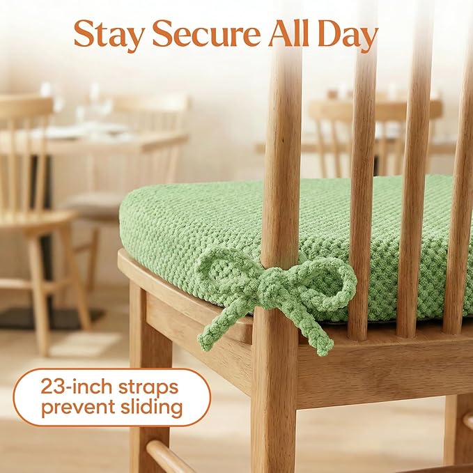 2 Pack Green Chair Cushions with Ties Removable Covers, D-Shape Dining Kitchen Chair Seat Pads Non Slip 17"x16"