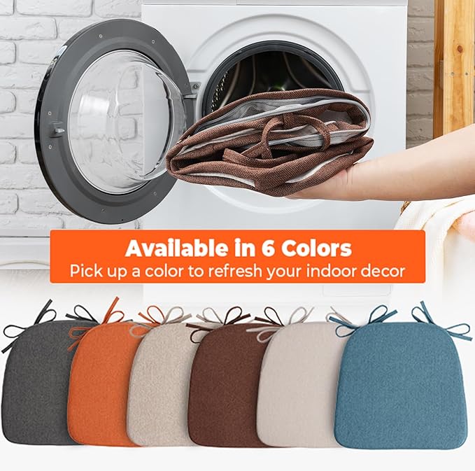 Sunsleek Chair Cushions for Dining Chairs, D-Shaped Seat Cushions with Removable Washable Cover and Ties, Chair Pads for Kitchen, Indoor Dining Room, Patio Chairs, 17'' x 16'', Set of 4, Brown