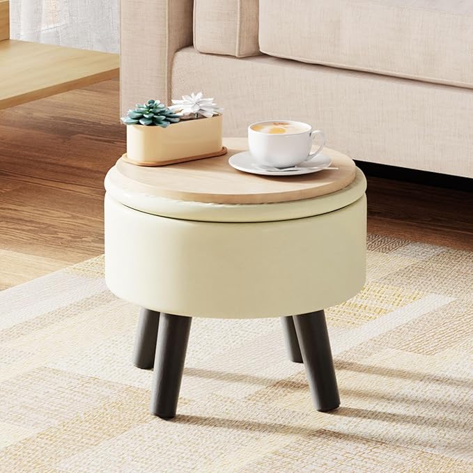 Small Foot Stool Ottoman with Storage, Faux Leather Ottoman Foot Rest for Couch, Round Footstool Ottomans for Living Room (White)